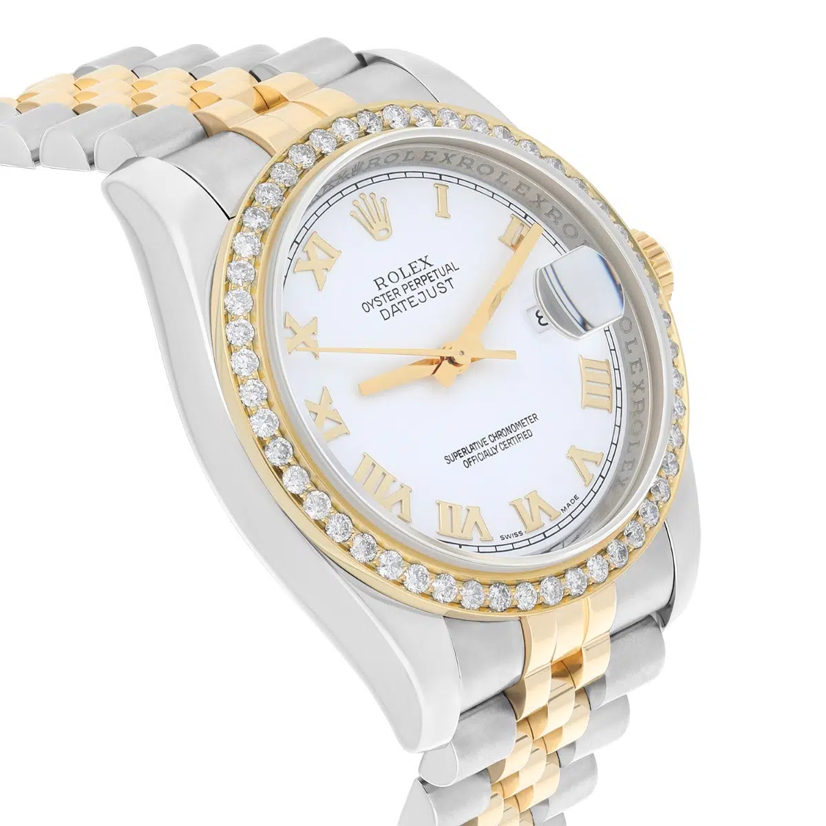 Rolex Datejust 36 Gold/Steel 116233 Diamond Bezel White Roman Dial Jubilee Band Watch – image 6