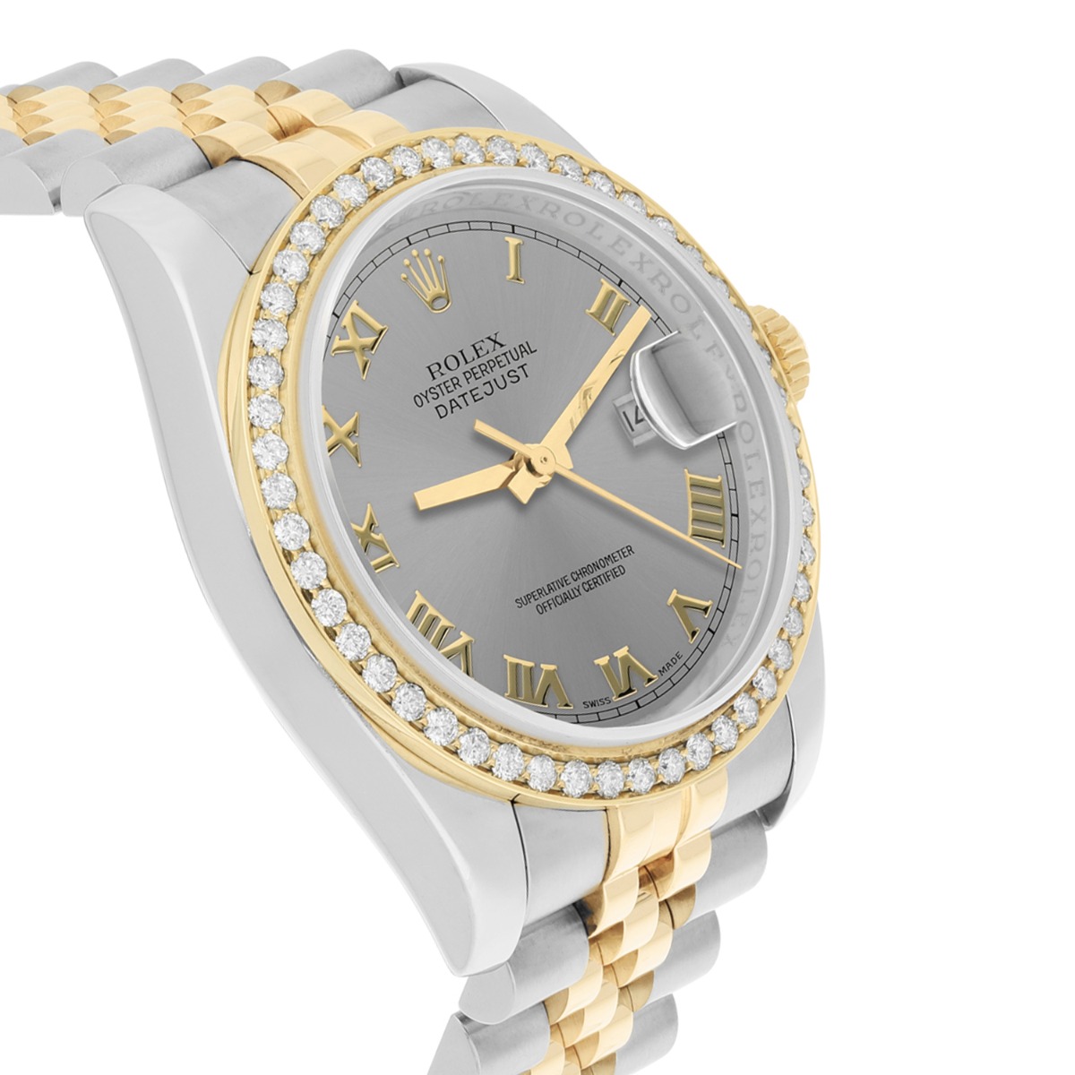 Rolex Datejust 36 2tone 116233 Diamond Bezel Grey Roman Dial Jubilee Band