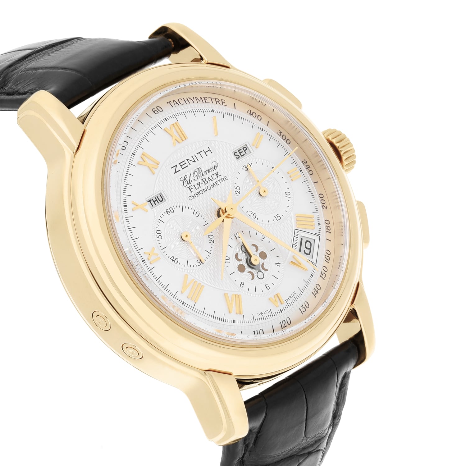 Zenith El Primero Fly-Back Y/G Automatic Silver Dial Mens Watch Leather Band 35.1250.4009/01.C495