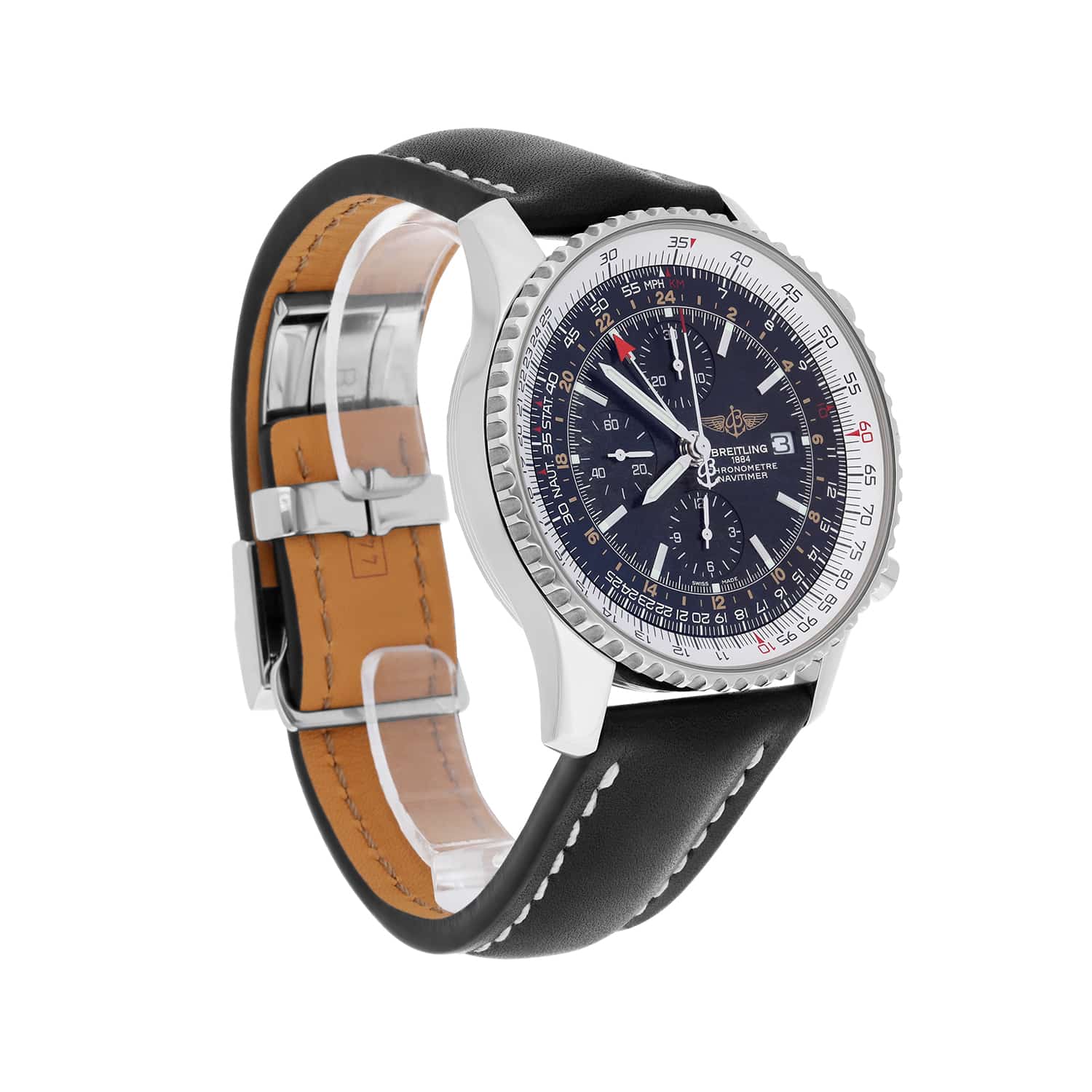 Breitling Navitimer World Black Dial Stainless Steel Watch A24322 New Strap