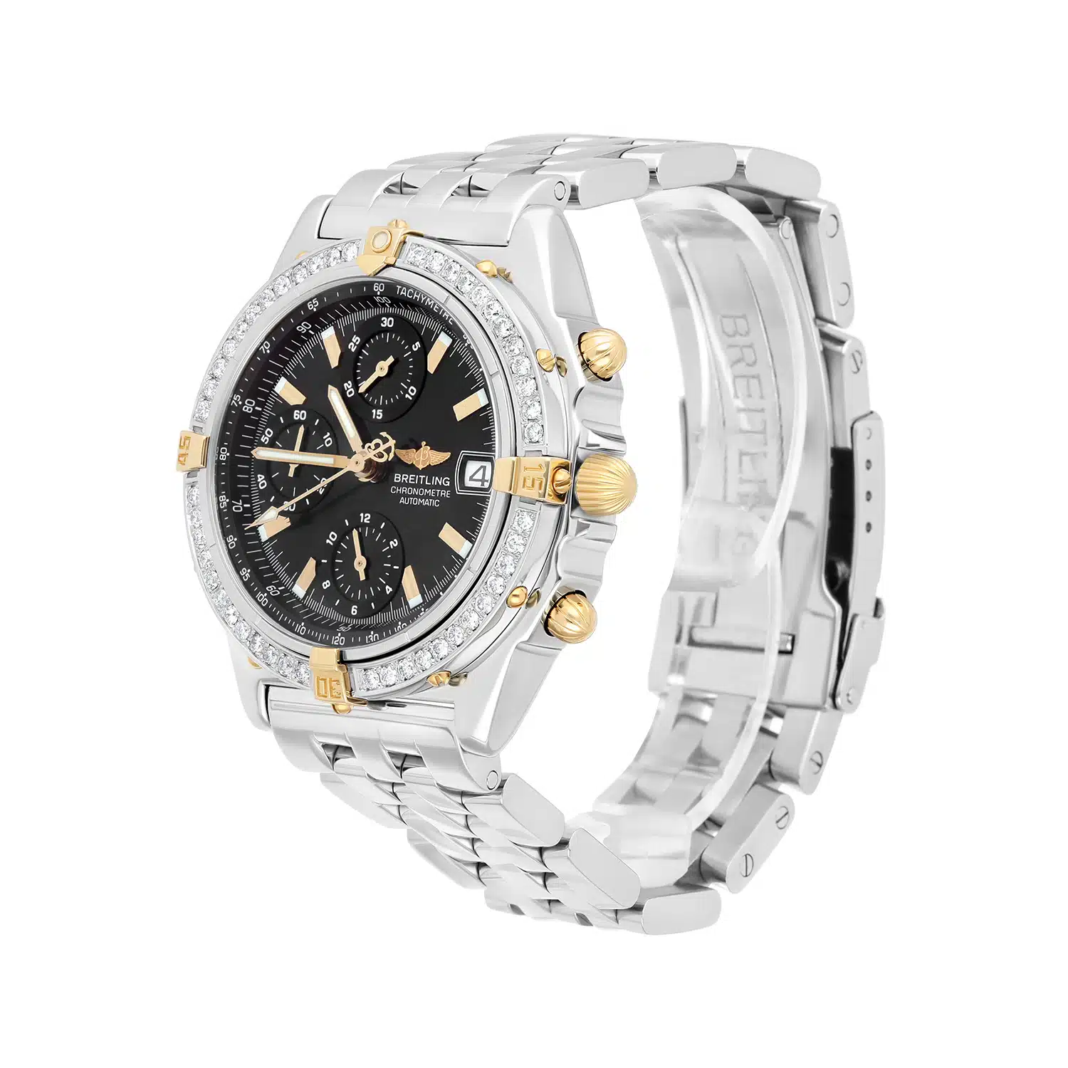 Breitling Chronomat Black Dial 39MM Steel & 18K Yellow Gold B13352 Diamond Bezel – image 6