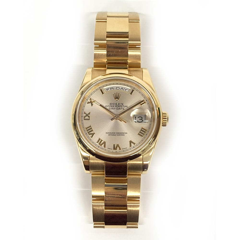 Rolex Day-Date 118205 36mm Oyster Rose Gold Watch Champagne Roman Dial 2004