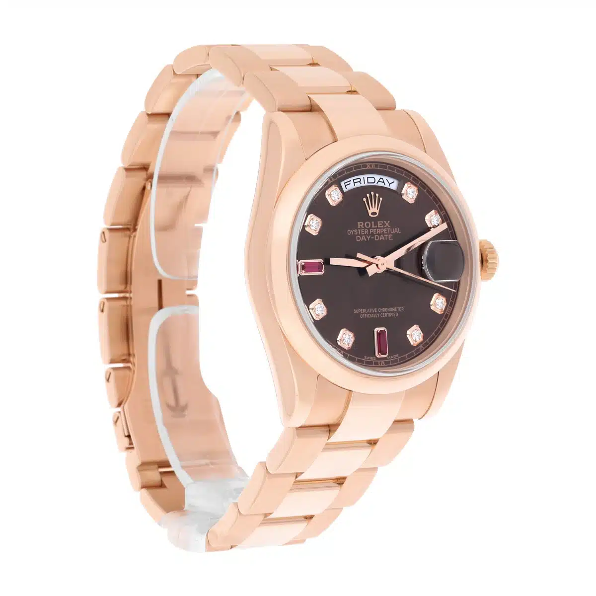 Rolex Day-Date 36 Ruby Baguette Diamond Dial 18k Rose Gold Watch 118205 – image 6
