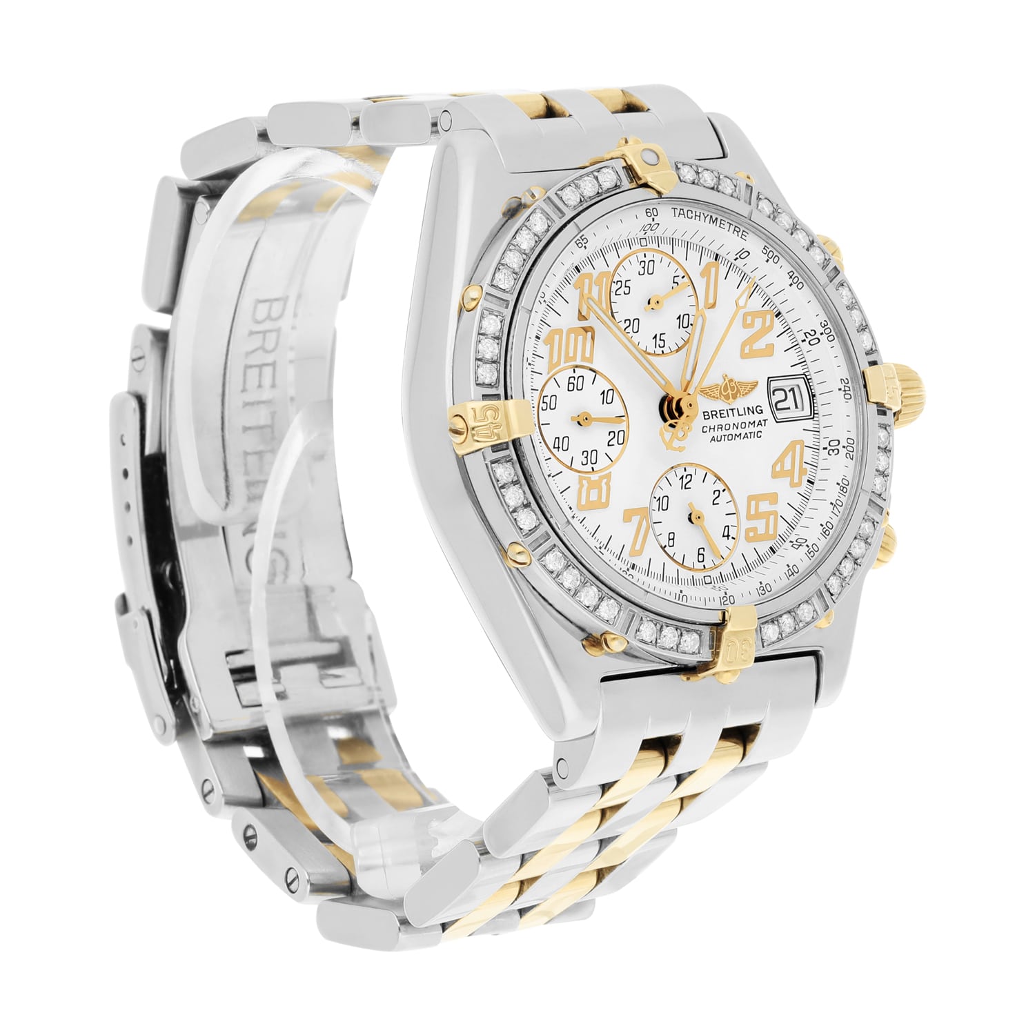 Breitling Blackbird Chronomat White Dial 39MM Steel & 18K Yellow Gold B13350 Diamond Bezel
