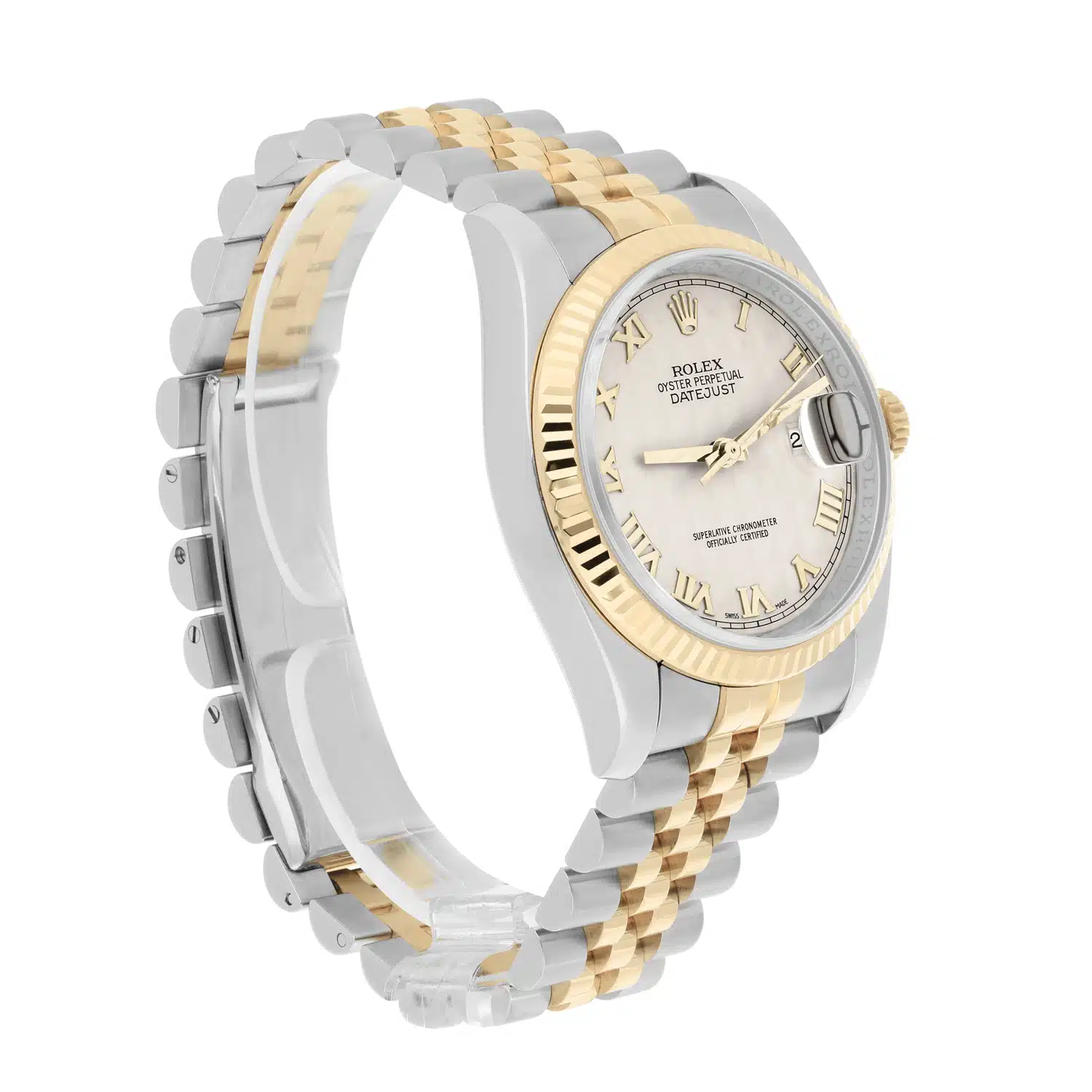Rolex Datejust 36 Gold and Steel 116233 Ivory Pyramid Roman Dial Jubilee Watch – image 6