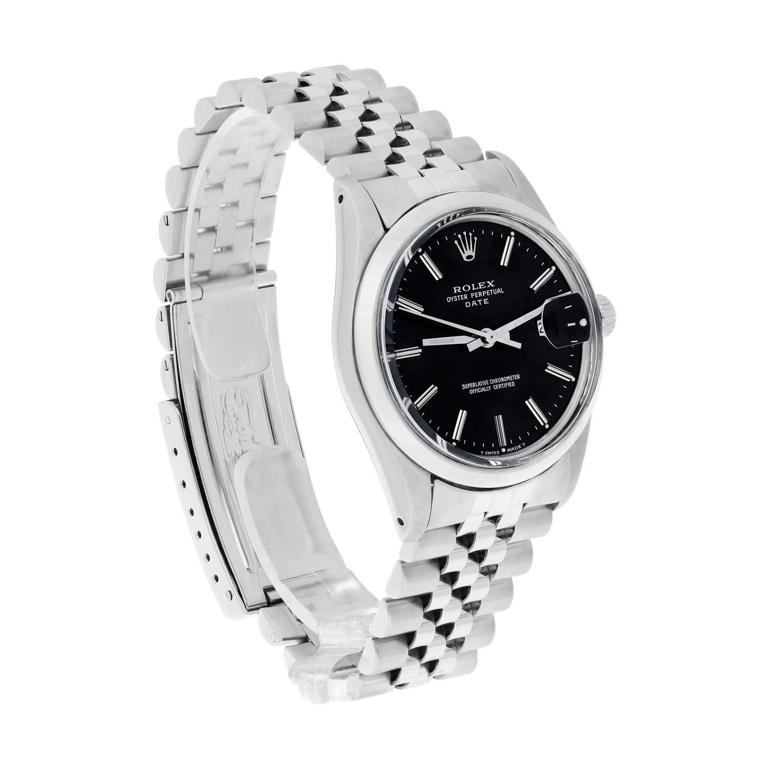 Rolex Oyster Perpetual Date Stainless Steel Watch Jubilee Band Black Index Dial 15000