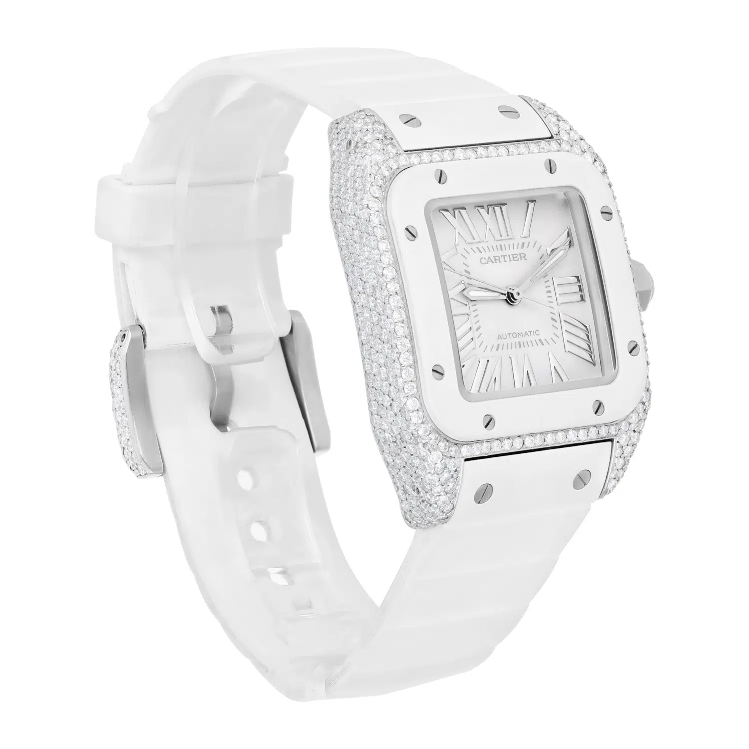 Cartier Santos 100 Staniless Steel 33mm Diamond Watch White Rubber Strap #2878 – image 6