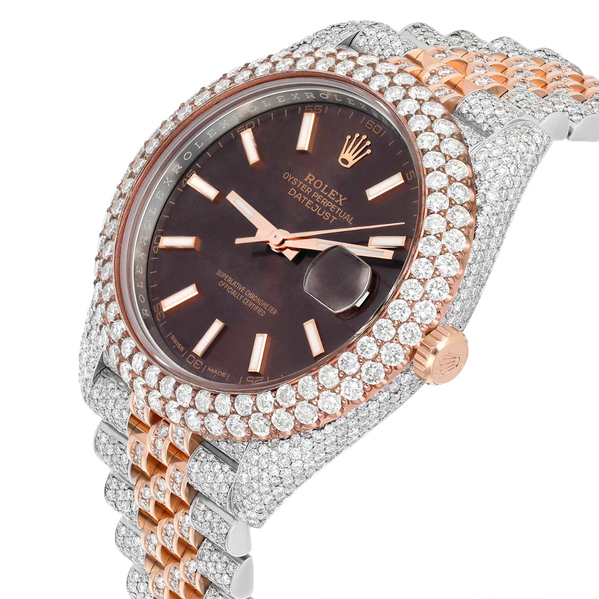 Rolex Datejust 41mm 126331 Rose Gold and Stainless Steel Fully Iced Out Watch