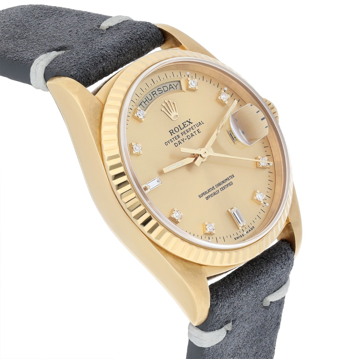 Rolex Day-Date 18238 36 mm 18K Yellow Gold Watch Fluted Bezel Champagne Diamond