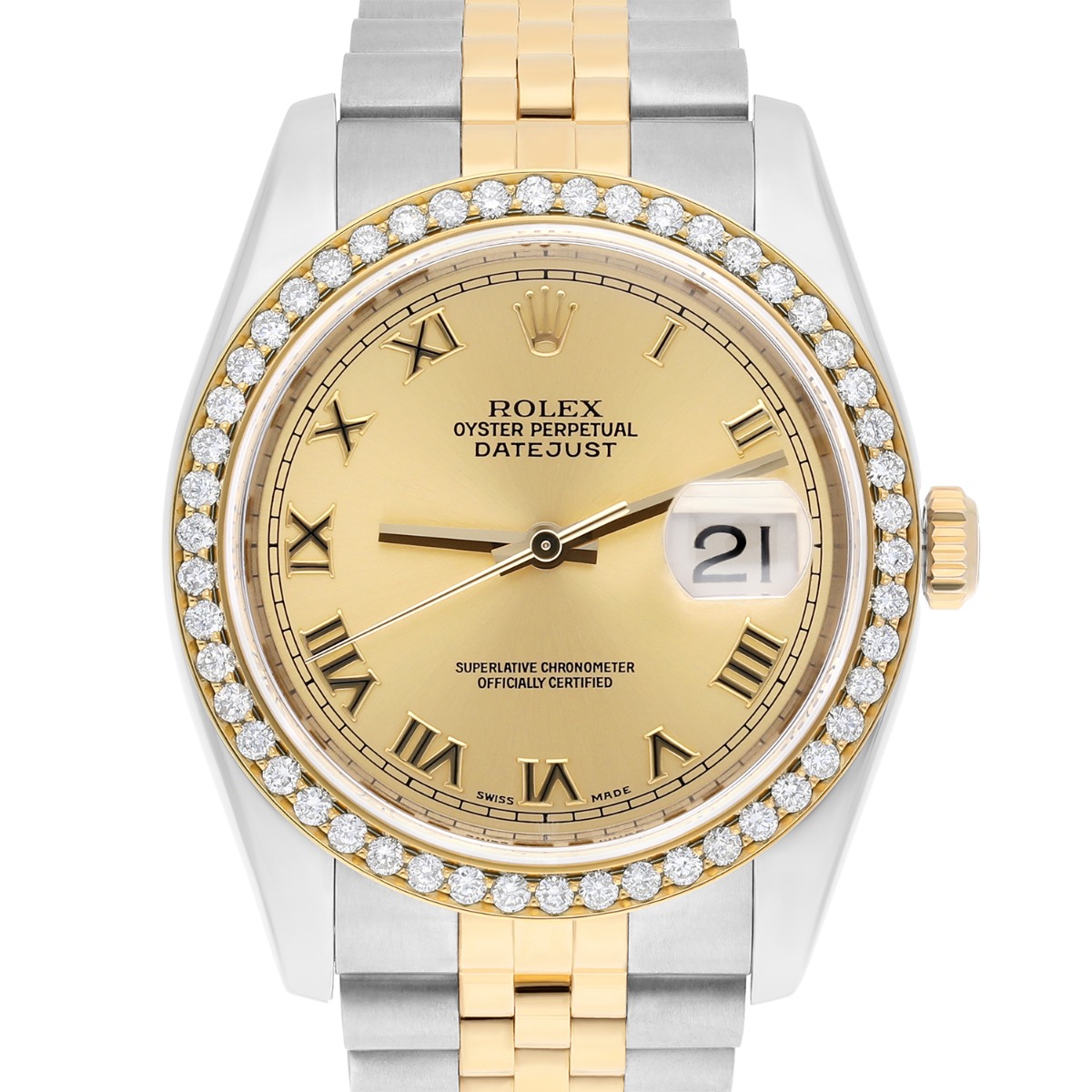 Rolex Datejust 36 Gold & Steel 116233 Champagne Roman Dial Diamond Bezel Jubilee Watch
