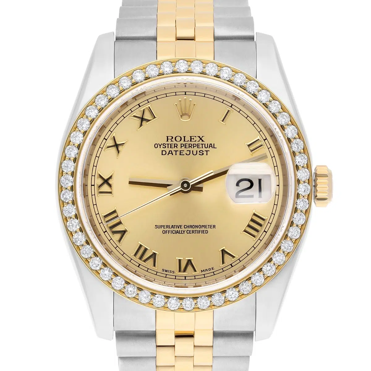 Rolex Datejust 36 Gold & Steel 116233 Champagne Roman Dial Diamond Bezel Jubilee Watch