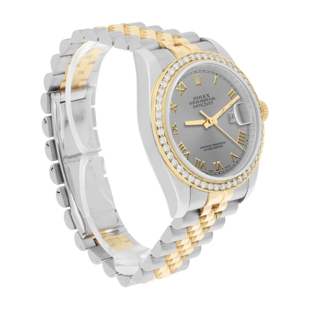 Rolex Datejust 36 2tone 116233 Diamond Bezel Grey Roman Dial Jubilee Band