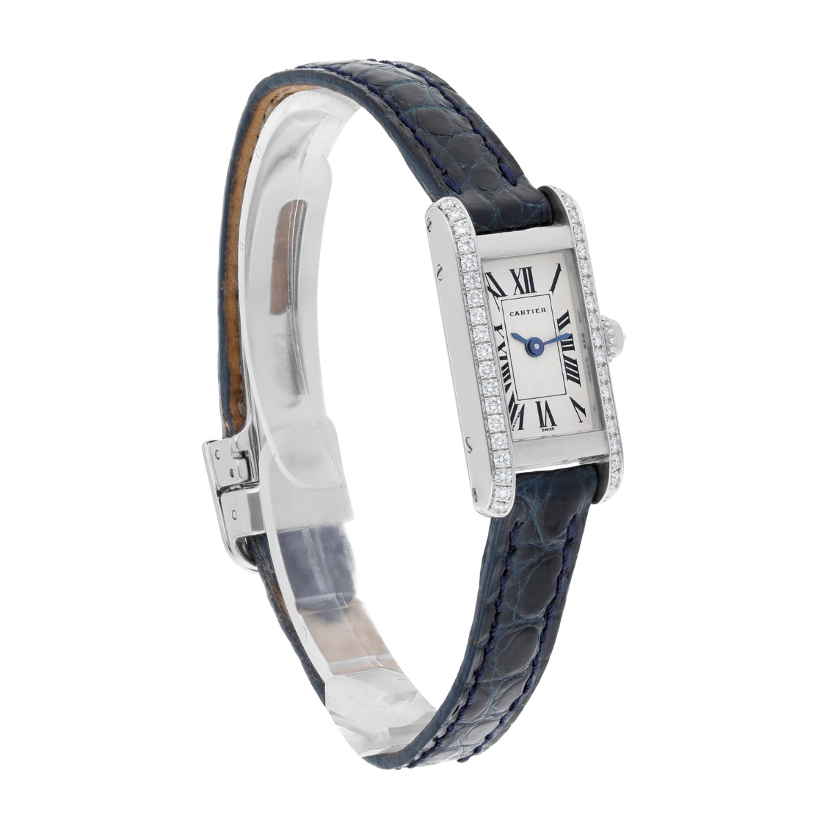 Cartier Tank Louis Cartier Mini White Gold Diamond Ladies Watch on Leather Strap 1381