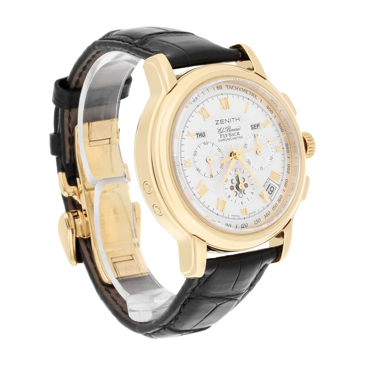 Zenith El Primero Fly-Back Y/G Automatic Silver Dial Mens Watch Leather Band 35.1250.4009/01.C495