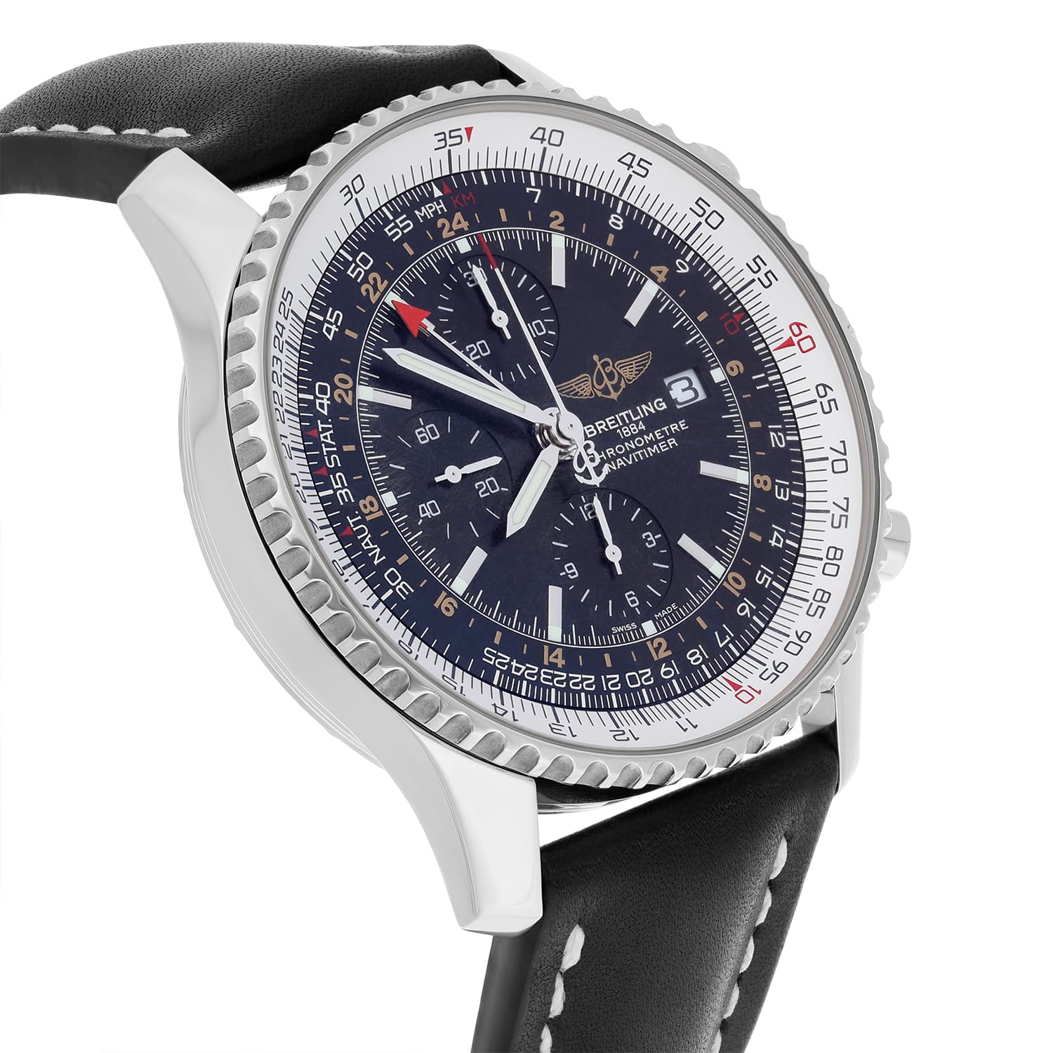 Breitling Navitimer World Black Dial Stainless Steel Watch A24322 New Strap