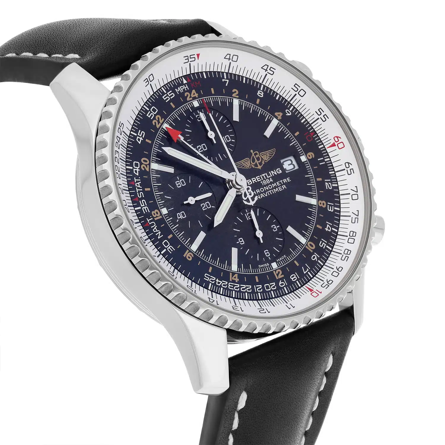 Breitling Navitimer World Black Dial Stainless Steel Watch A24322 New Strap – image 6