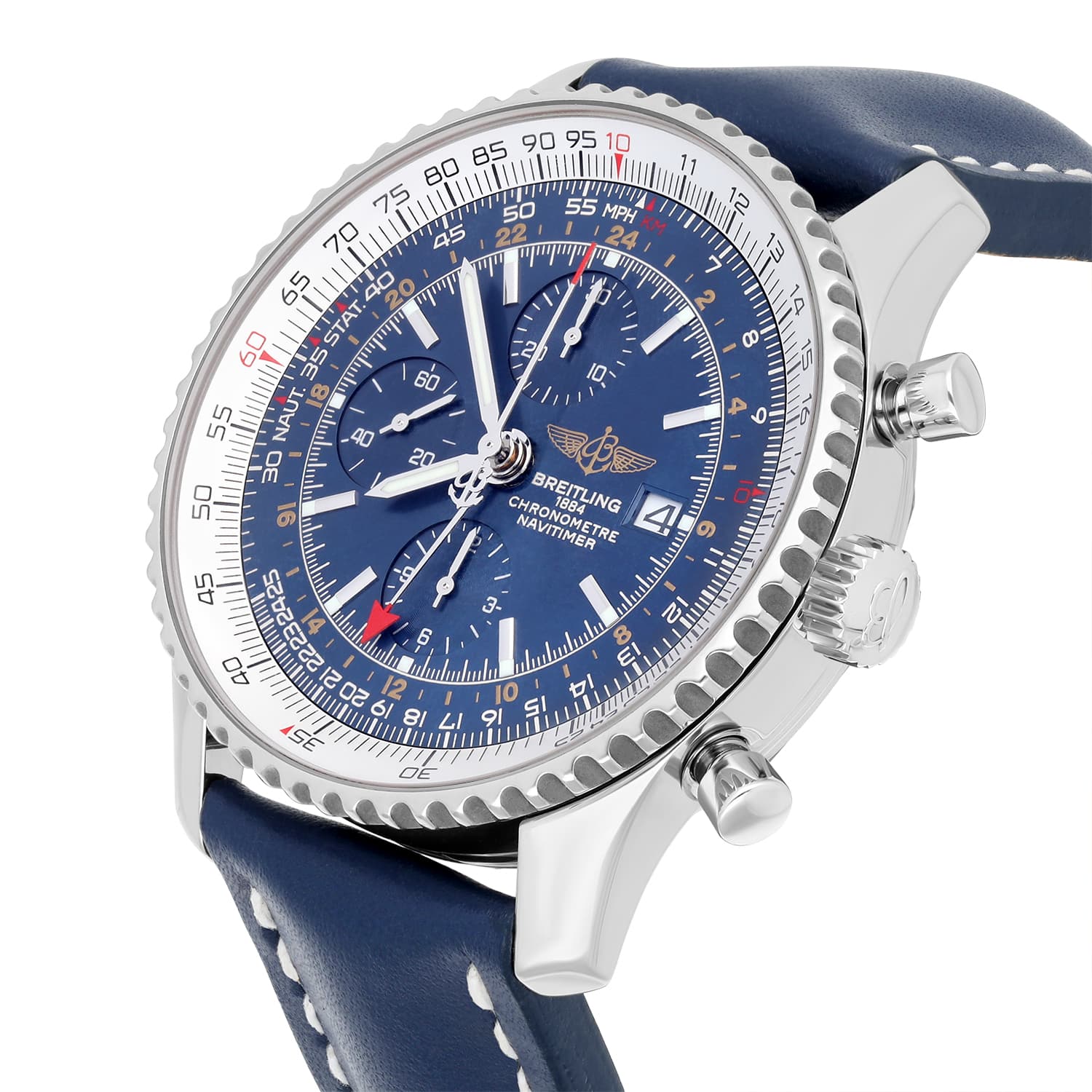 Breitling Navitimer World Blue Dial Stainless Steel Watch A24322 New Strap