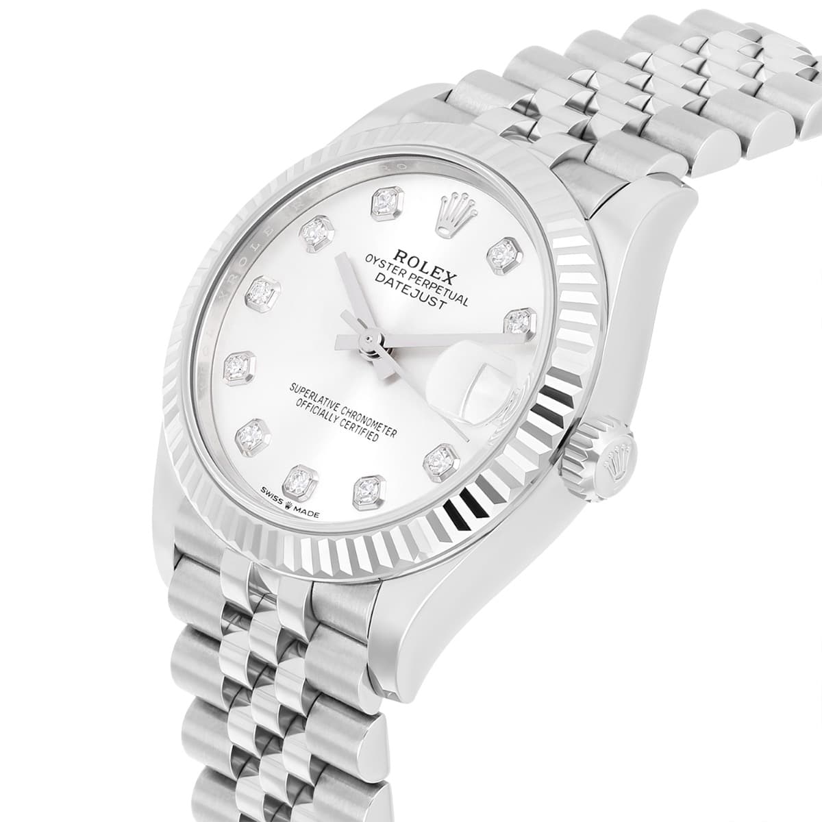 Rolex Datejust Ladies 278274 31mm Silver Diamond Dial Fluted Bezel Jubilee Band