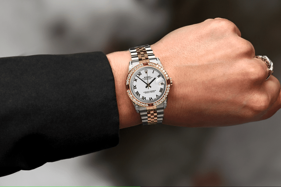 Rolex Datejust 31 Ladies 2 Tone Watch White Roman Dial Ruby & Diamond Bezel 68273