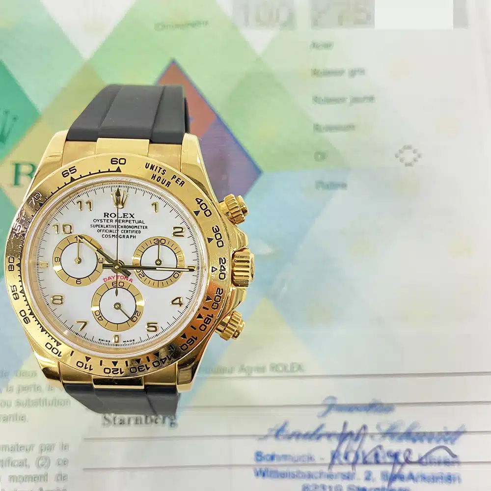 Rolex Cosmograph Daytona 40mm 116518 Yellow Gold with Black Rubber Watch White Arabic Dial 2004 – image 2