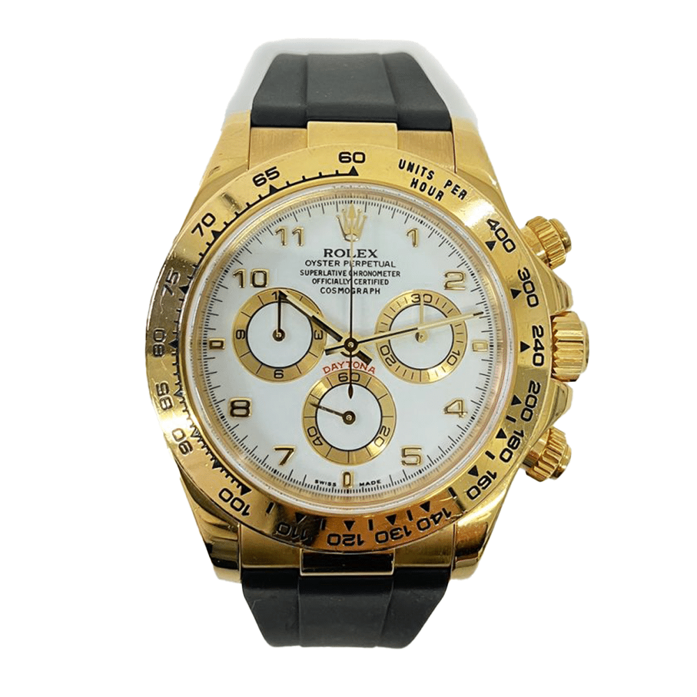 Rolex Cosmograph Daytona 40mm 116518 Yellow Gold with Black Rubber Watch White Arabic Dial 2004
