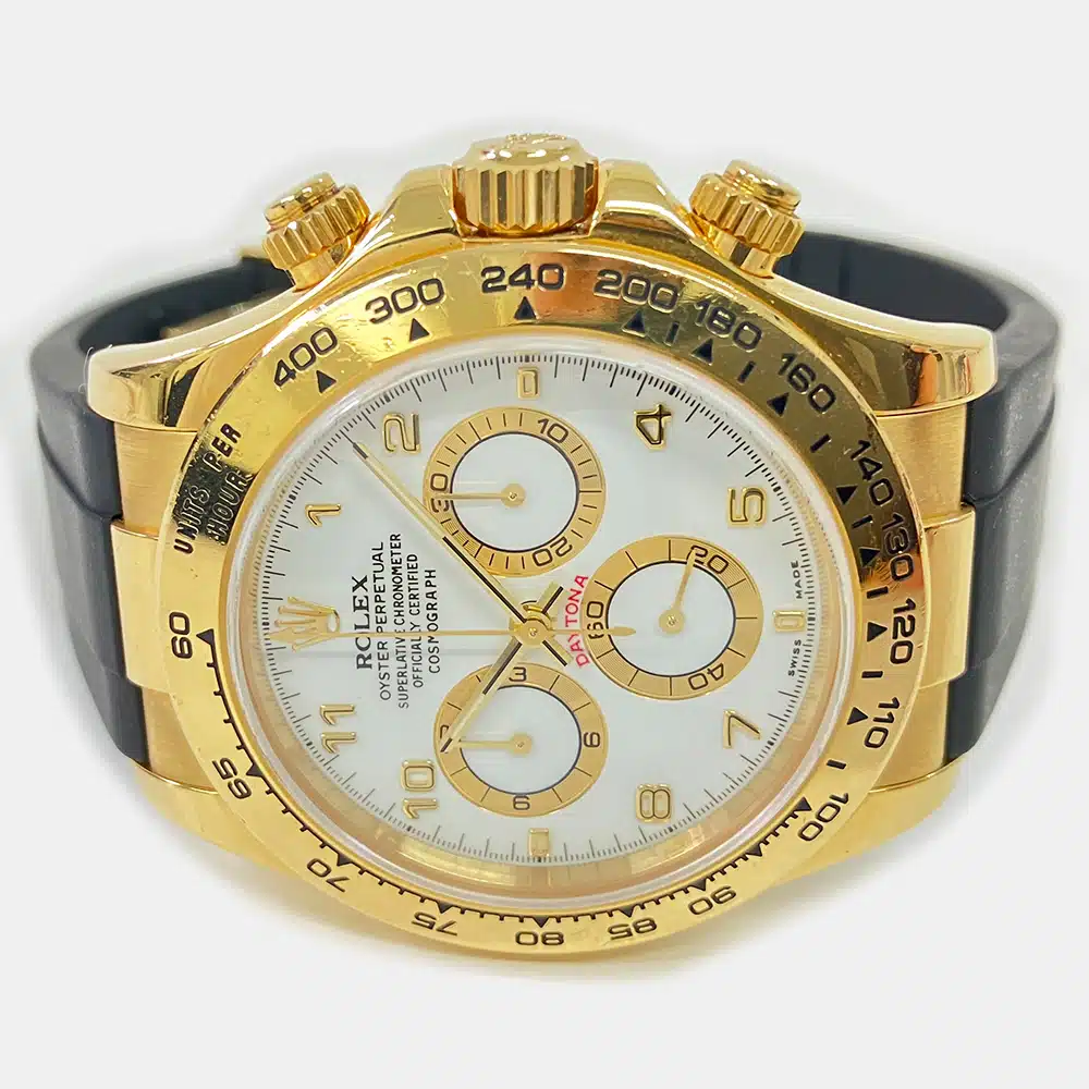 Rolex Cosmograph Daytona 40mm 116518 Yellow Gold with Black Rubber Watch White Arabic Dial 2004 – image 3