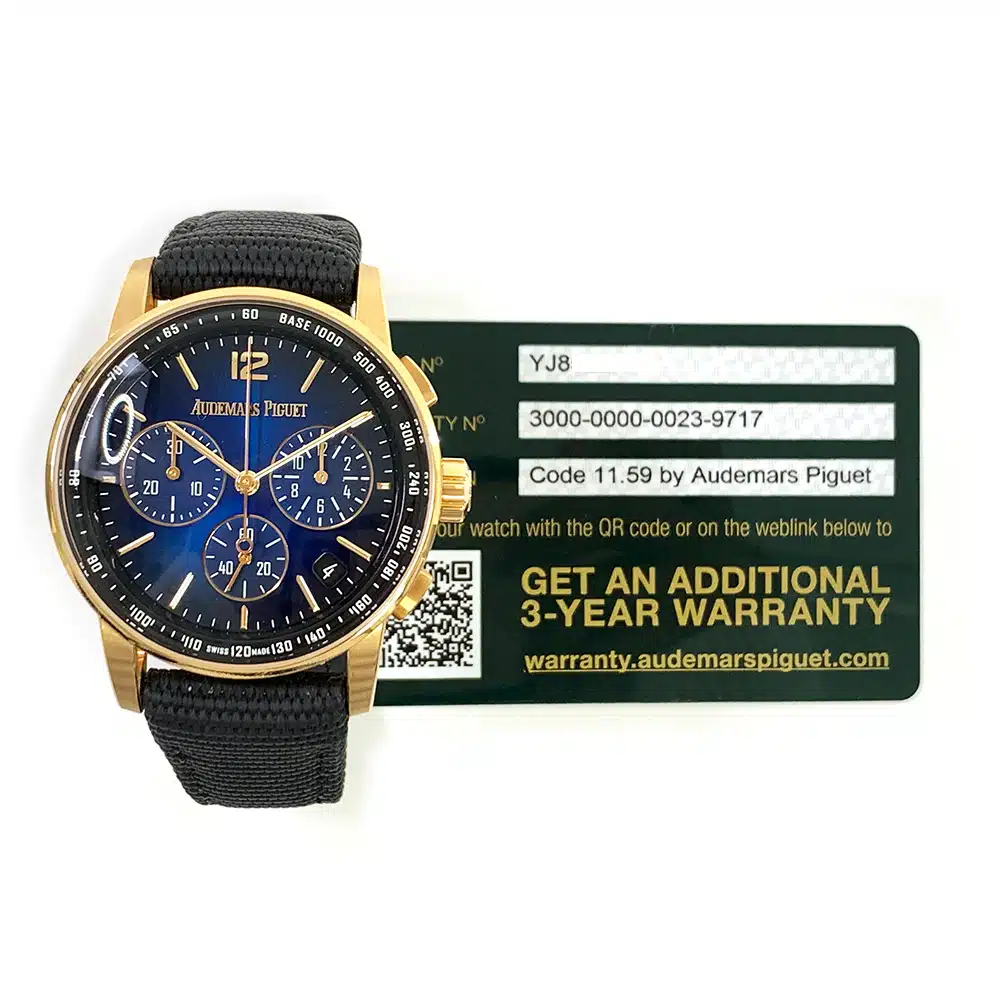 AP Code 11.59 Chronograph Rose Gold With Black Textile Watch Blue Dial