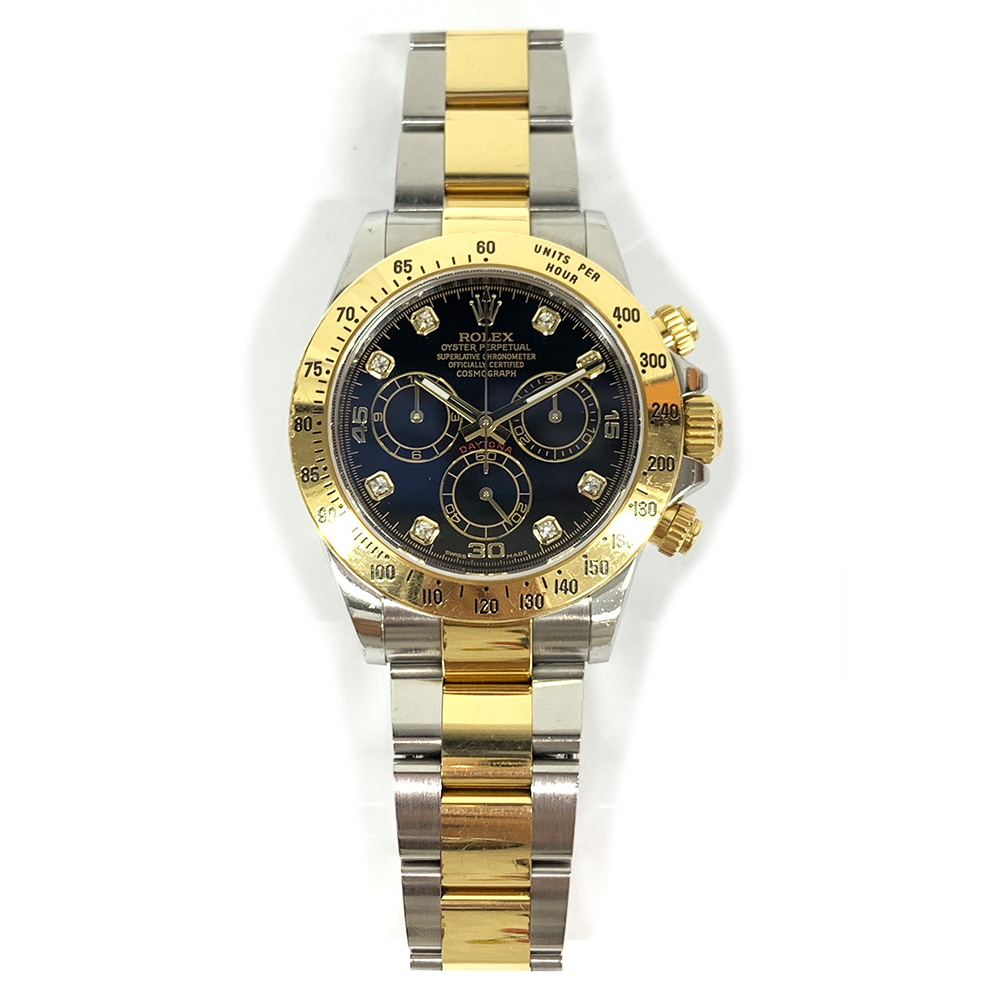 Rolex Daytona Oyster 40mm 116523 Stainless Steel & Yellow Gold Watch Black Diamond Dial