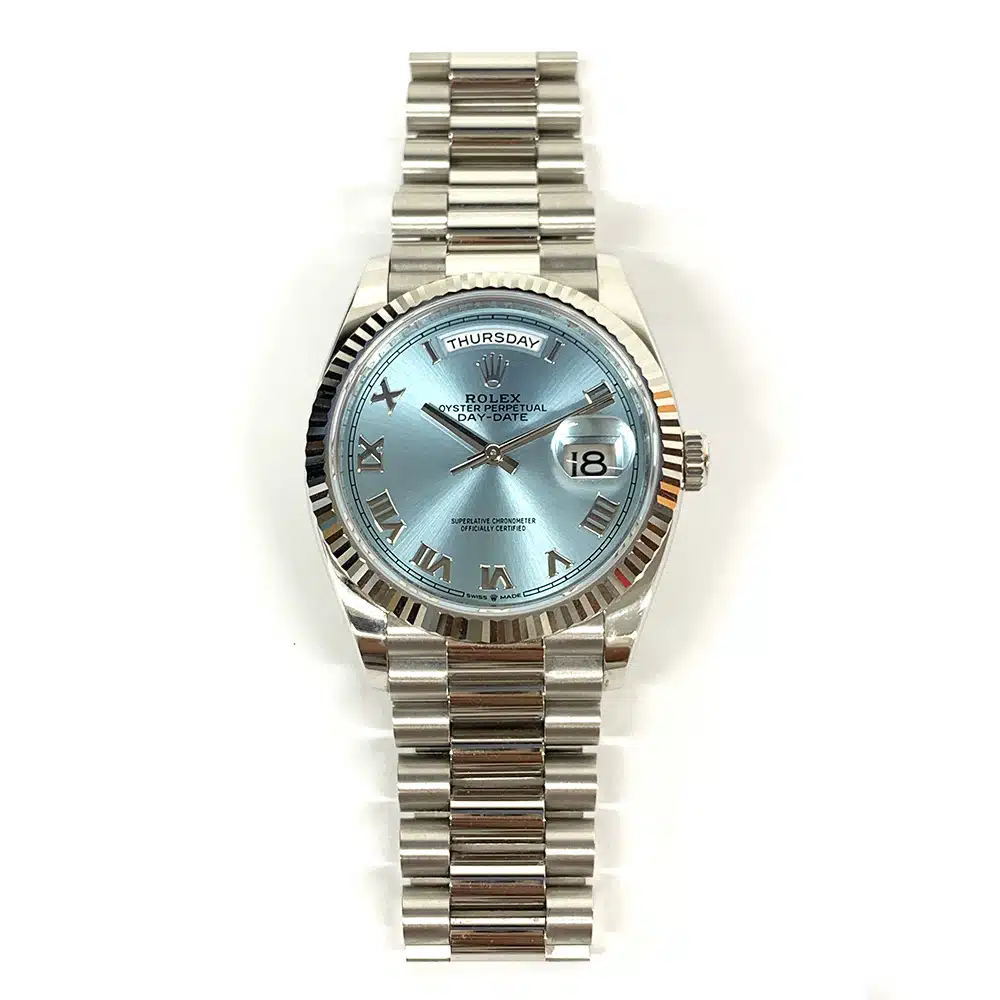 Rolex Day-Date 36mm 128236-0008 Platinum Watch Ice Blue Roman Dial 2022 – image 2