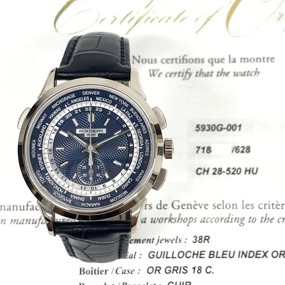 Patek Philippe World Time Chronograph 5930G-001 white gold watch, dial detail