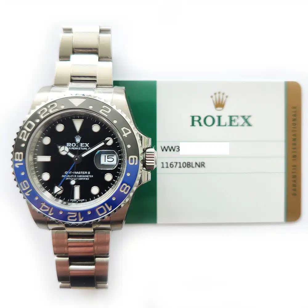 Rolex GMT-Master II 116710BLNR Batman, Oyster bracelet, dial detail