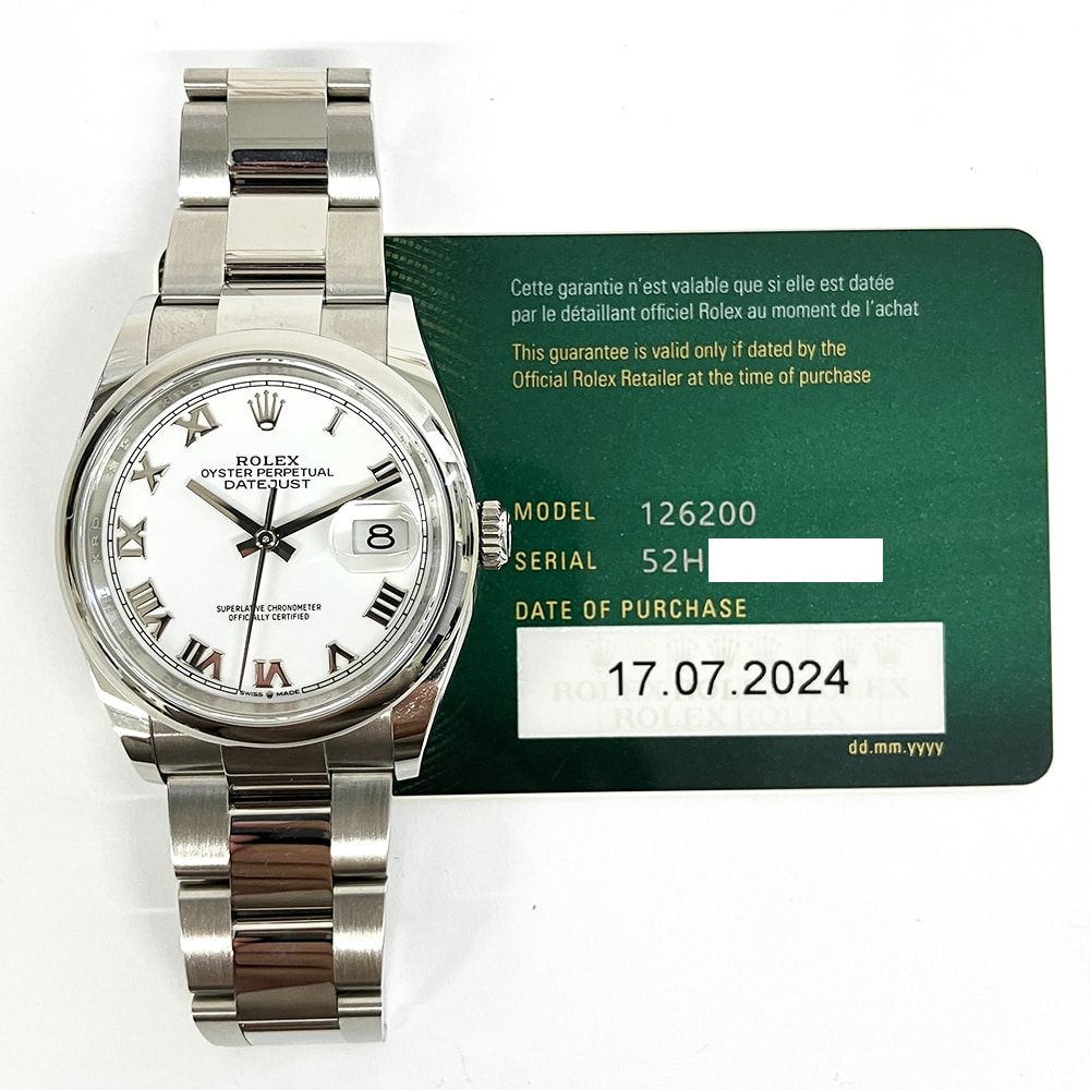 Rolex Steel Datejust 36 Domed Bezel 126200-0008 White Roman Dial Oyster Bracelet Watch 2024