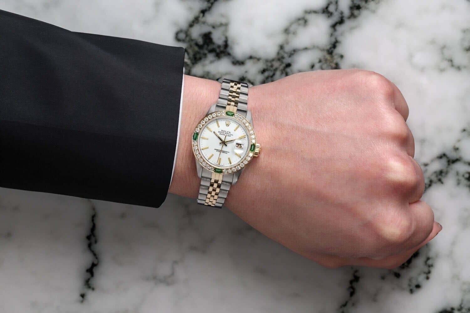 Rolex Lady-Datejust 26mm White Index Dial with Emerald & Diamond Bezel Ladies Watch 69173