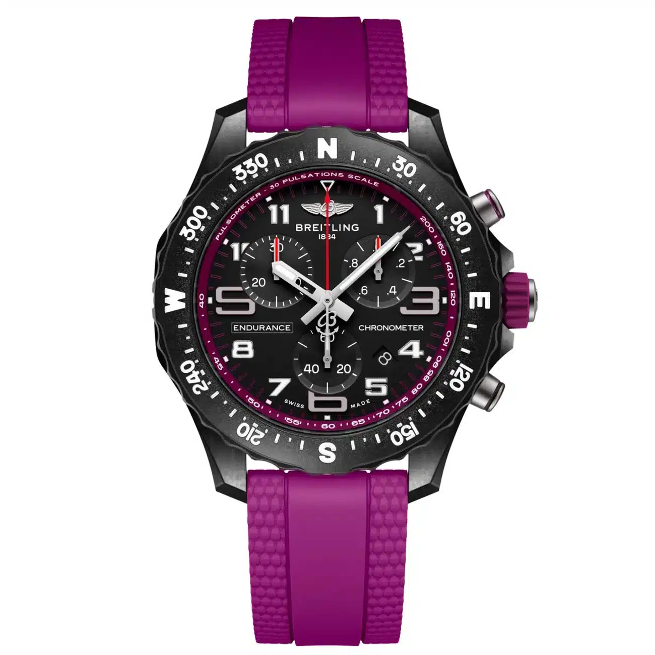Breitling Endurance Pro X83310F61B1S1 38mm Black Dial Bi-directional Bezel Purple Rubber Band