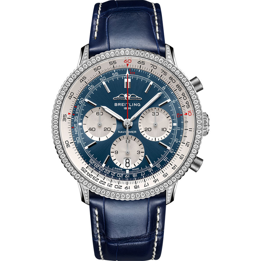 Breitling Super Navitimer B01  Diamond set Bezel 41mm AB0139631C1P1 Blue Dial Stainless Steel With Blue Leather Watch 2024