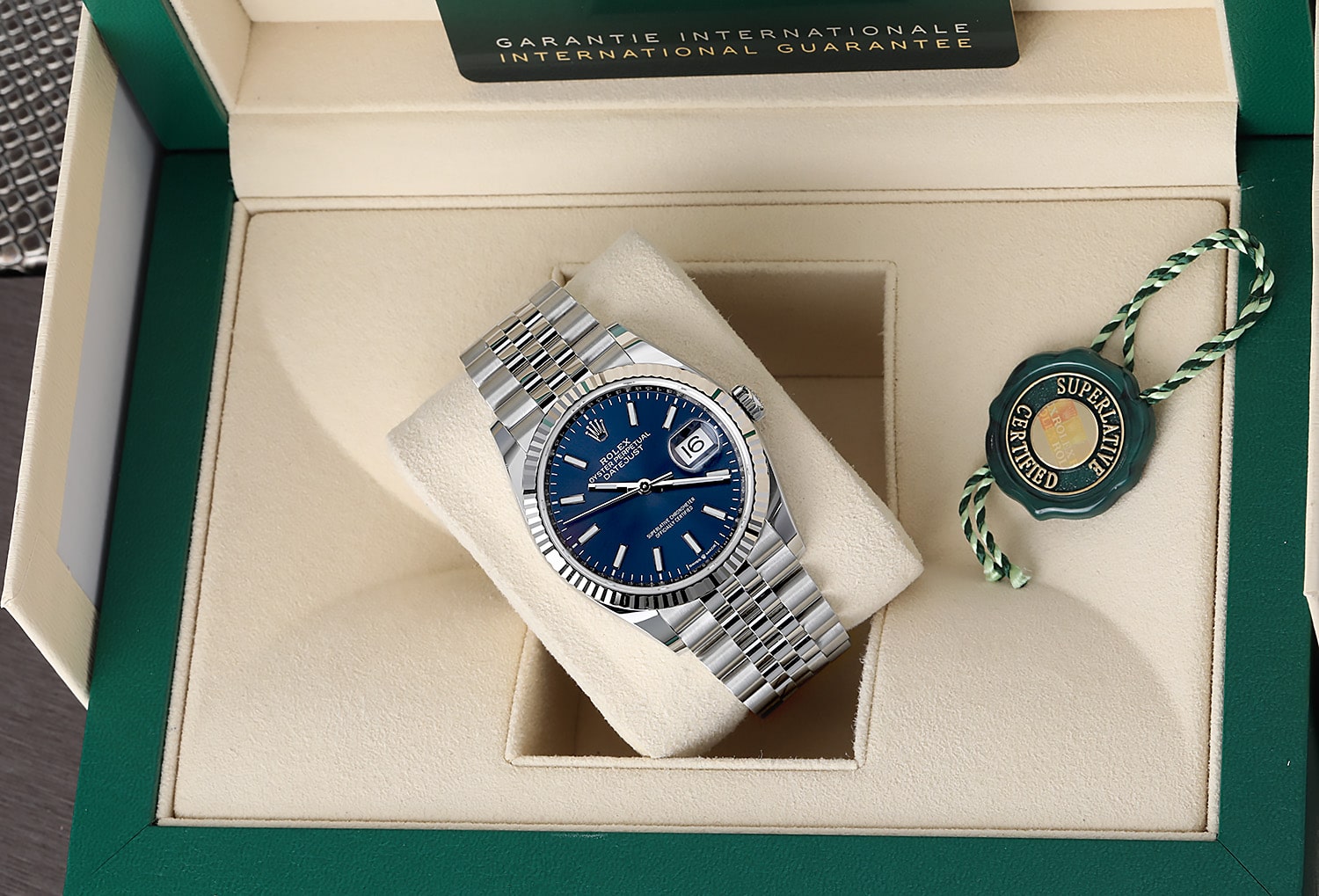 Unworn Rolex Datejust 126234-0017 Stainless Steel and White Gold Watch with Blue Index Dial Jubilee
