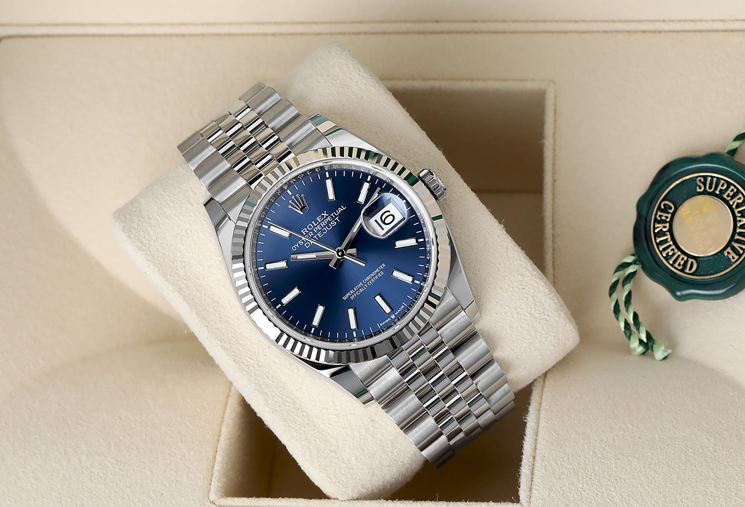 Unworn Rolex Datejust 126234-0017 Stainless Steel and White Gold Watch with Blue Index Dial Jubilee