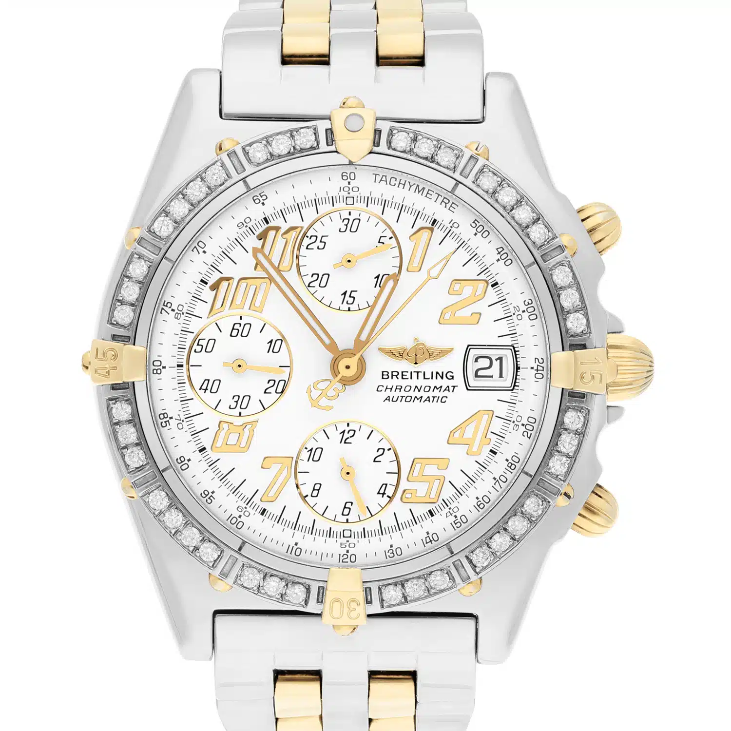 Breitling Blackbird Chronomat White Dial 39MM Steel & 18K Yellow Gold B13350 Diamond Bezel