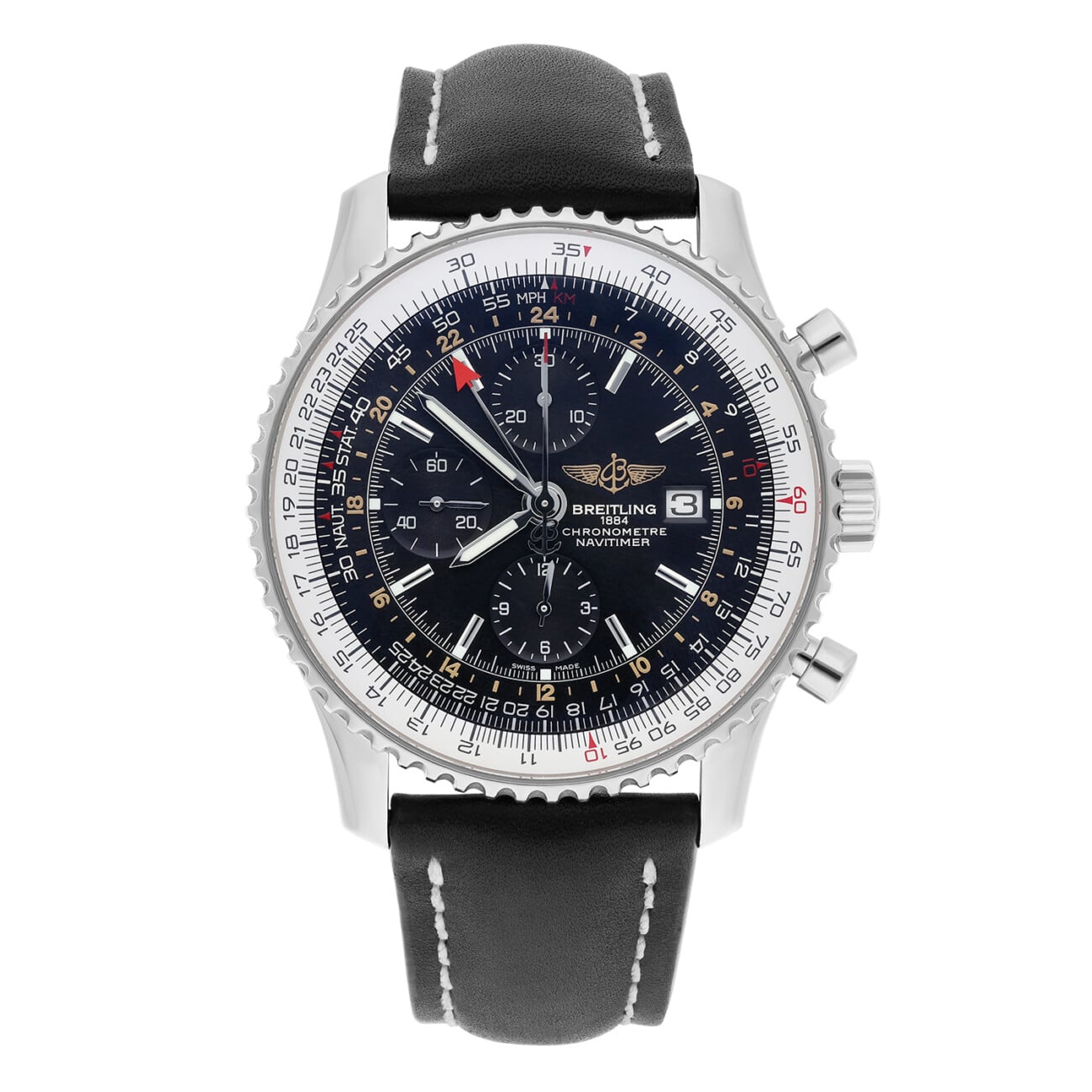 Breitling Navitimer World Black Dial Stainless Steel Watch A24322 New Strap