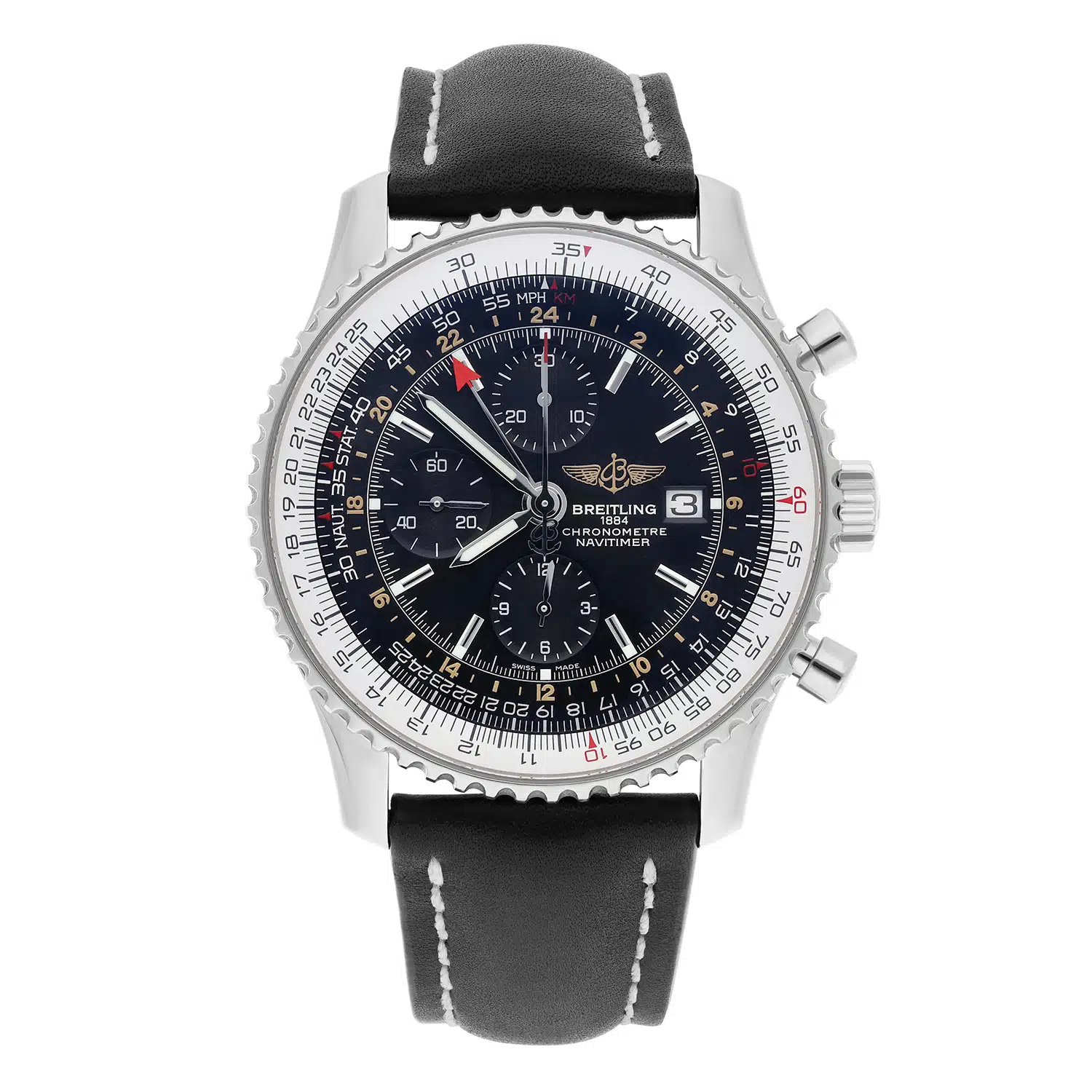 Breitling Navitimer World Black Dial Stainless Steel Watch A24322 New Strap