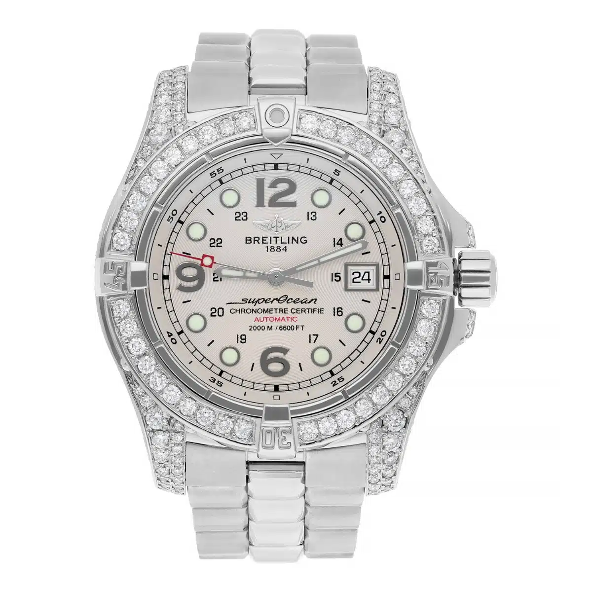 Breitling Super Ocean Mens 44mm Custom Diamond Stainless Steel Watch A44360