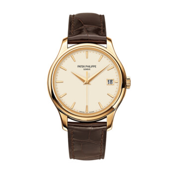 Patek Philippe Calatrava 5227J-001 yellow gold watch, brown leather strap