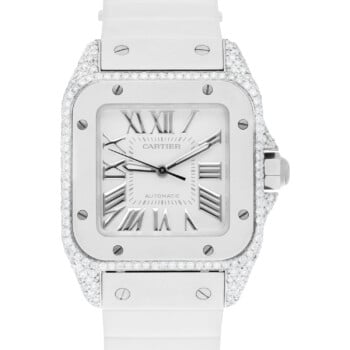 Cartier Santos 100 Staniless Steel 33mm Diamond Watch White Rubber Strap #2878