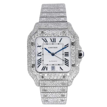 Cartier Santos Large Stainless Steel Watch with Custom Diamonds Factory White Roman Numeral Dial