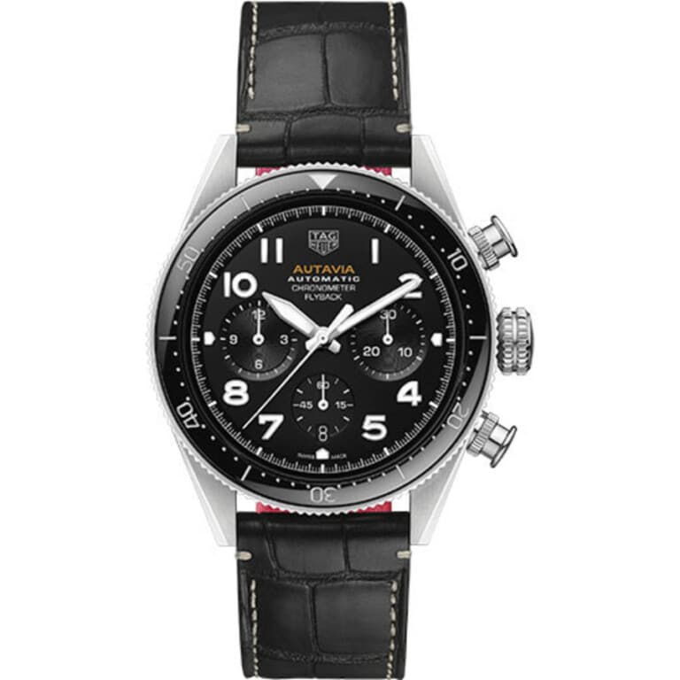 Tag Heuer Autavia Automatic Chronograph Watch 42 mm Steel Case Black Dial CBE511A.FC8279 Alligator Leather Strap