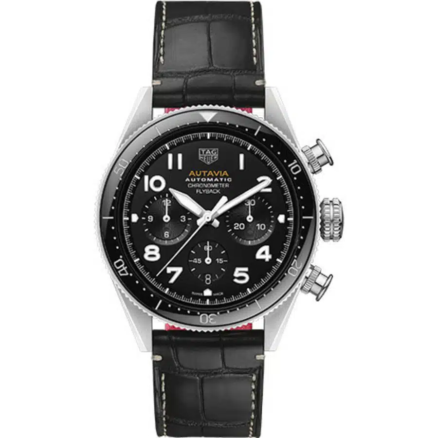 Tag Heuer Autavia Automatic Chronograph Watch 42 mm Steel Case Black Dial CBE511A.FC8279 Alligator Leather Strap