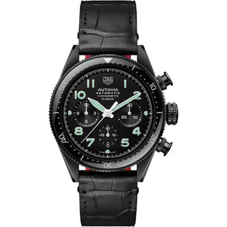 Tag Heuer Autavia CBE511C.FC8280 Chronometer Flyback Automatic Chronograph Watch 42 mm Steel PVD Case Black Dial Alligator Leather Strap