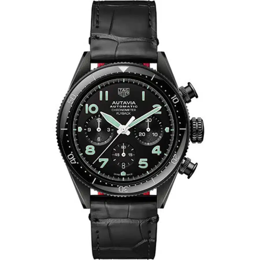 Tag Heuer Autavia CBE511C.FC8280 Chronometer Flyback Automatic Chronograph Watch 42 mm Steel PVD Case Black Dial Alligator Leather Strap