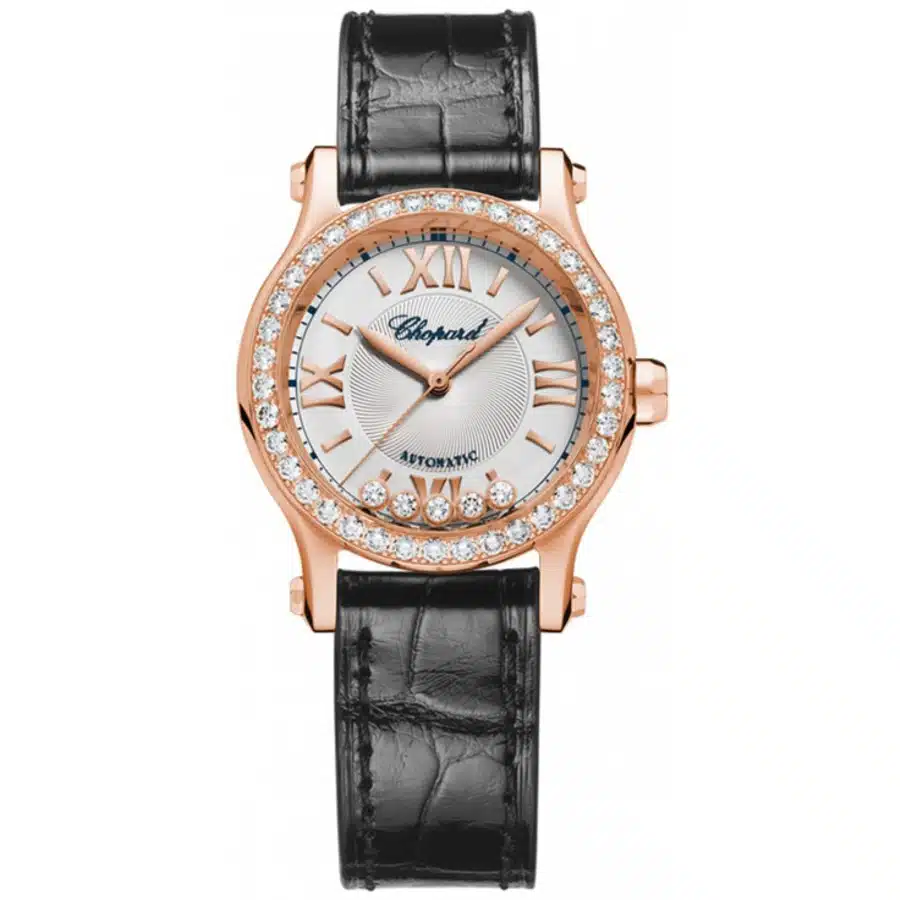 Chopard Happy Sport Black 274893-5002 Rose Gold with Black Leather Watch
