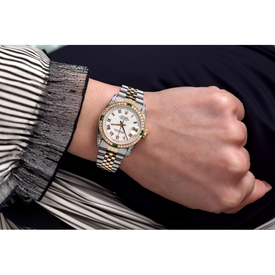 Rolex Datejust 31 Two Tone Watch with Emeralds & Diamonds White Roman Dial 68273